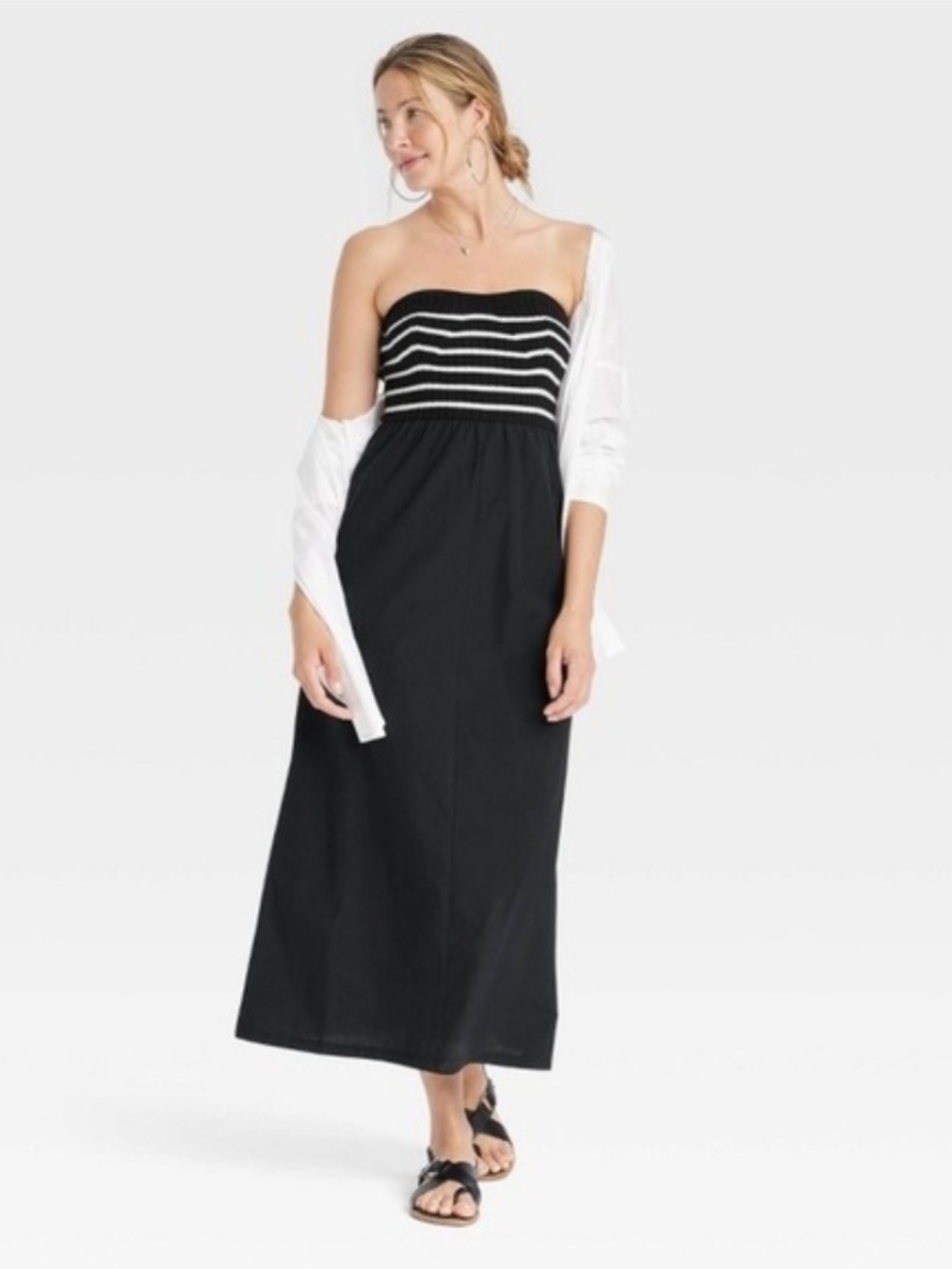 Universal Thread Black Strapless Maxi Dress with White Striped Bodice